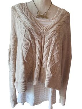 CAbi 2 Piece Set Cream Cable-Knit V-Neck Sweater with Striped Tank -XL